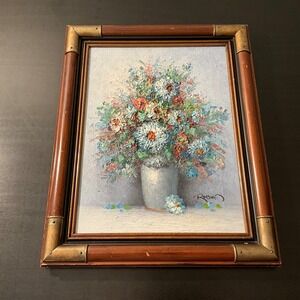 Vintage Floral Oil Painting Signed Robin Framed Flower Bouquet Still Life Art 3D